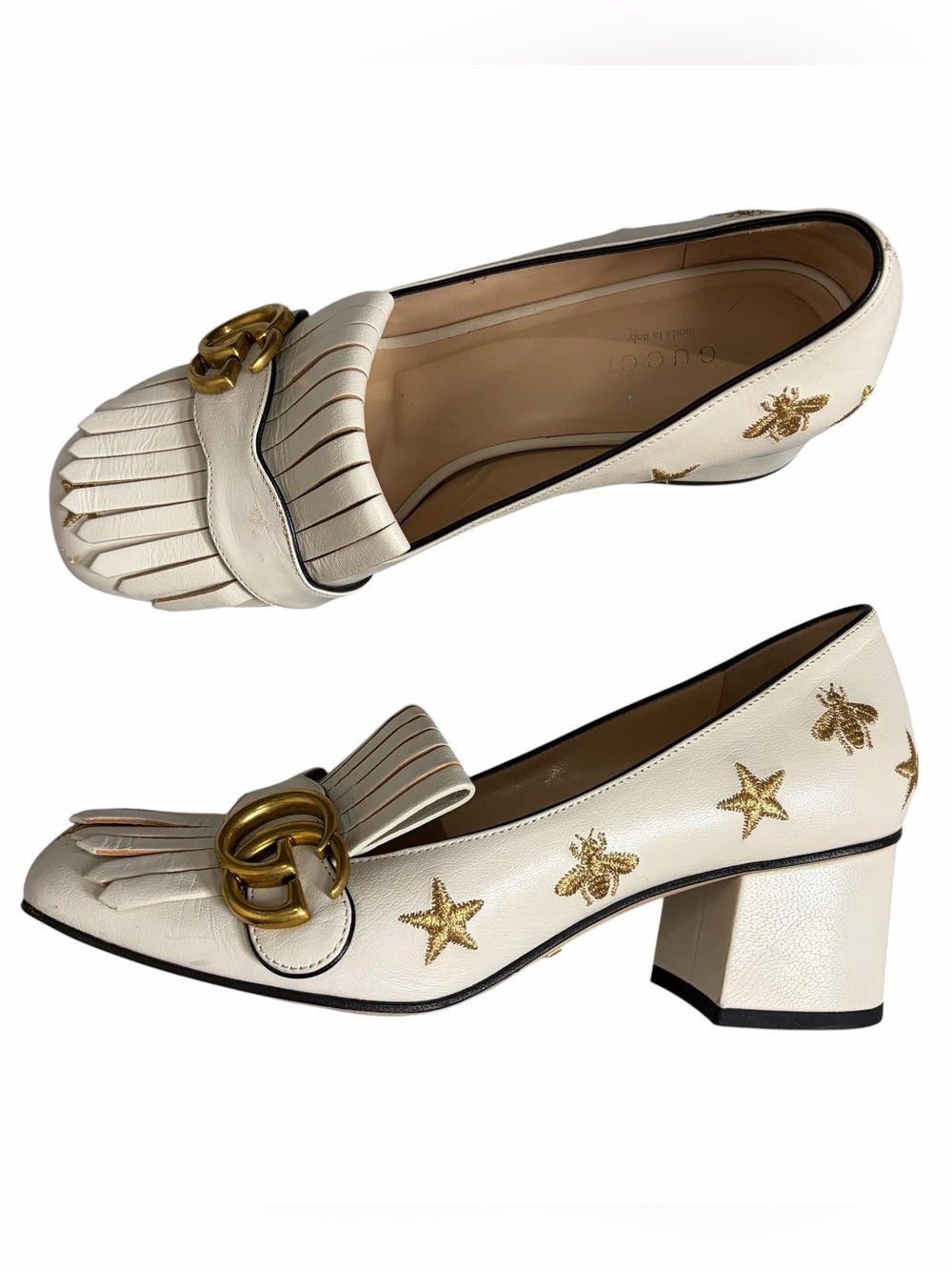 Gucci Marmont embroidered leather mid-heel pumps embroidered bees stars - Picture 1 of 14